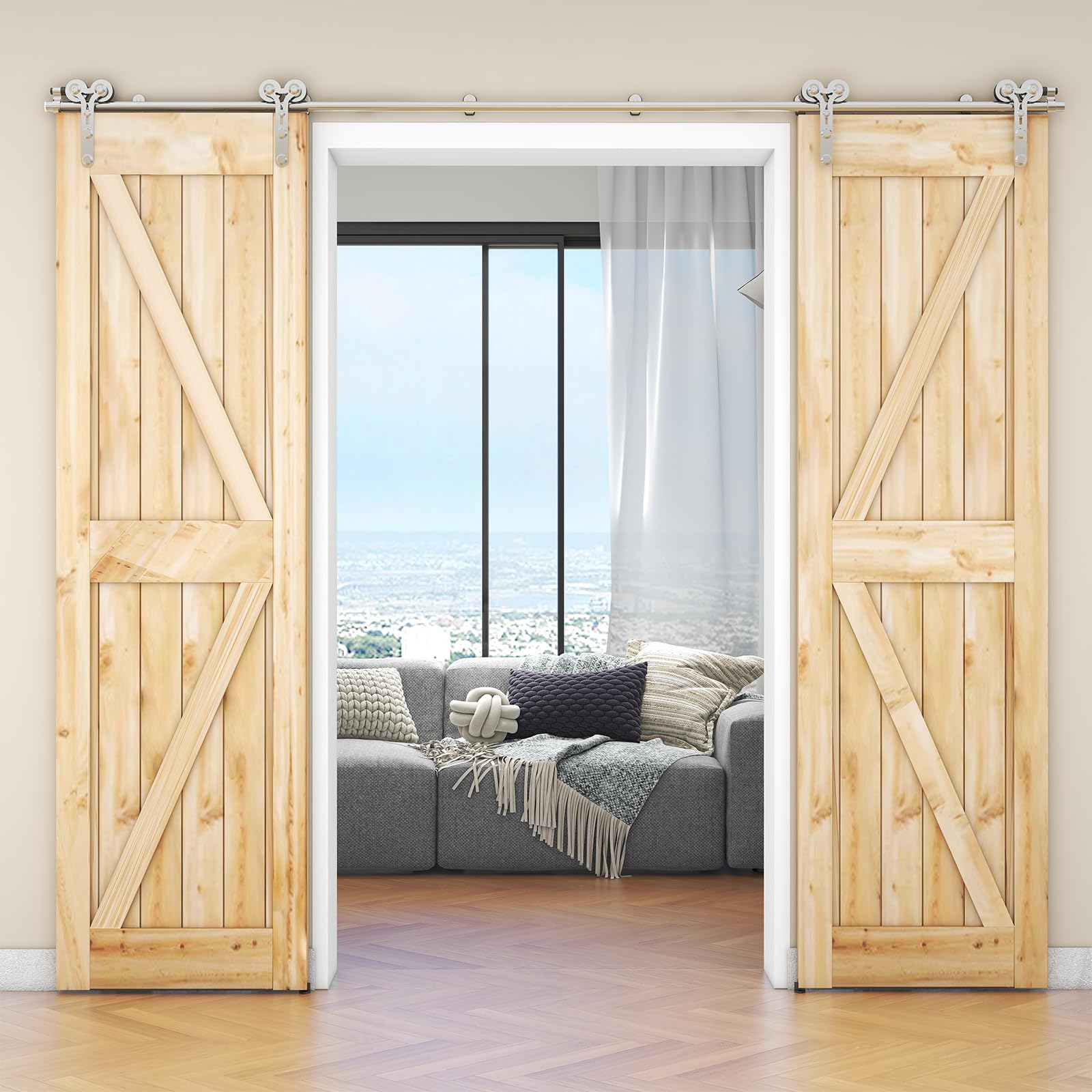 WOLFBIRD Schiebetür Beschläge Edelstahl für Doppeltür aus Holz - Heavy Duty Stabil - 183cm Y-Form Set